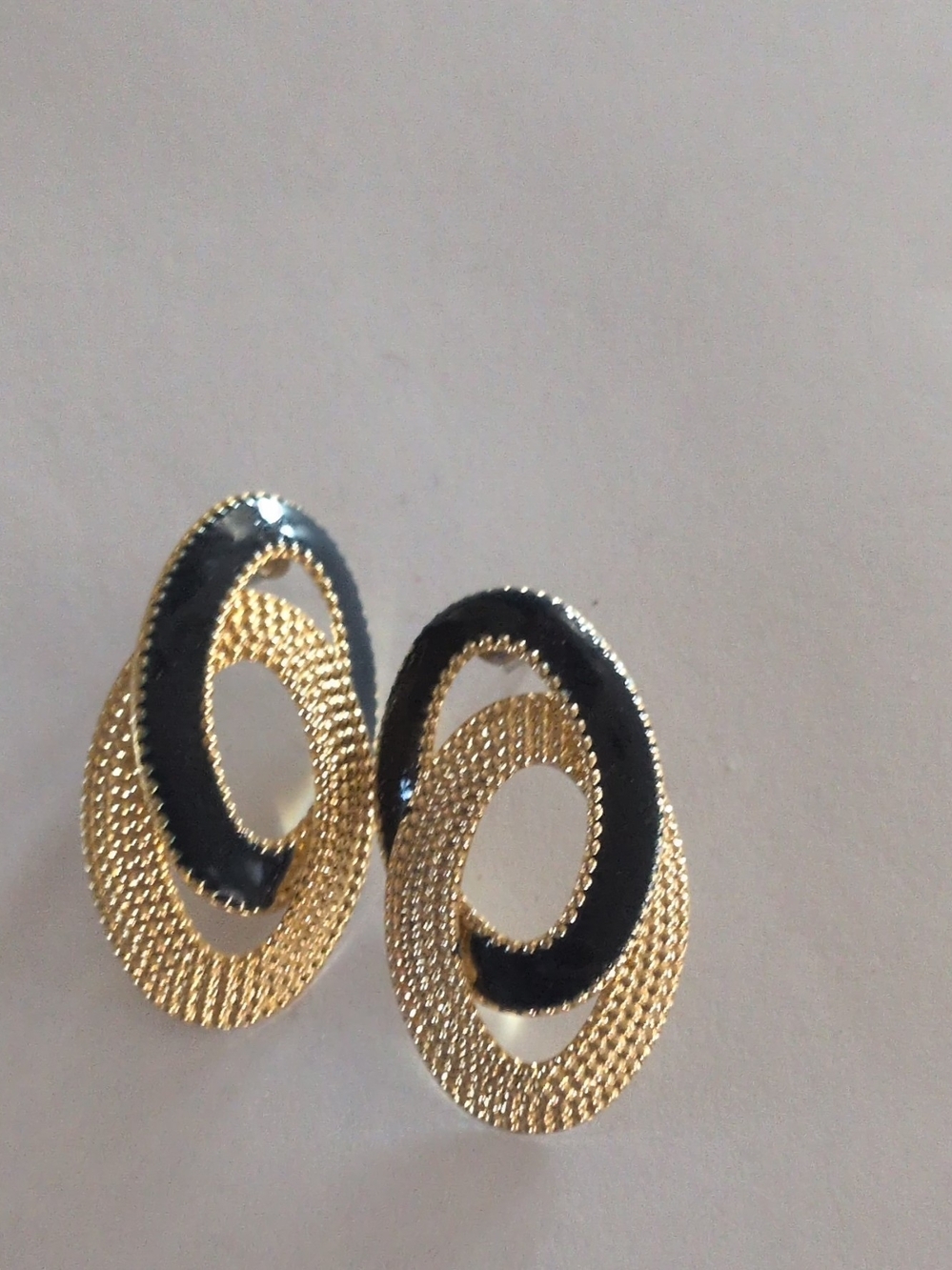 Gold and Black Oval Textured Earrings - Elegant Women's Jewelry